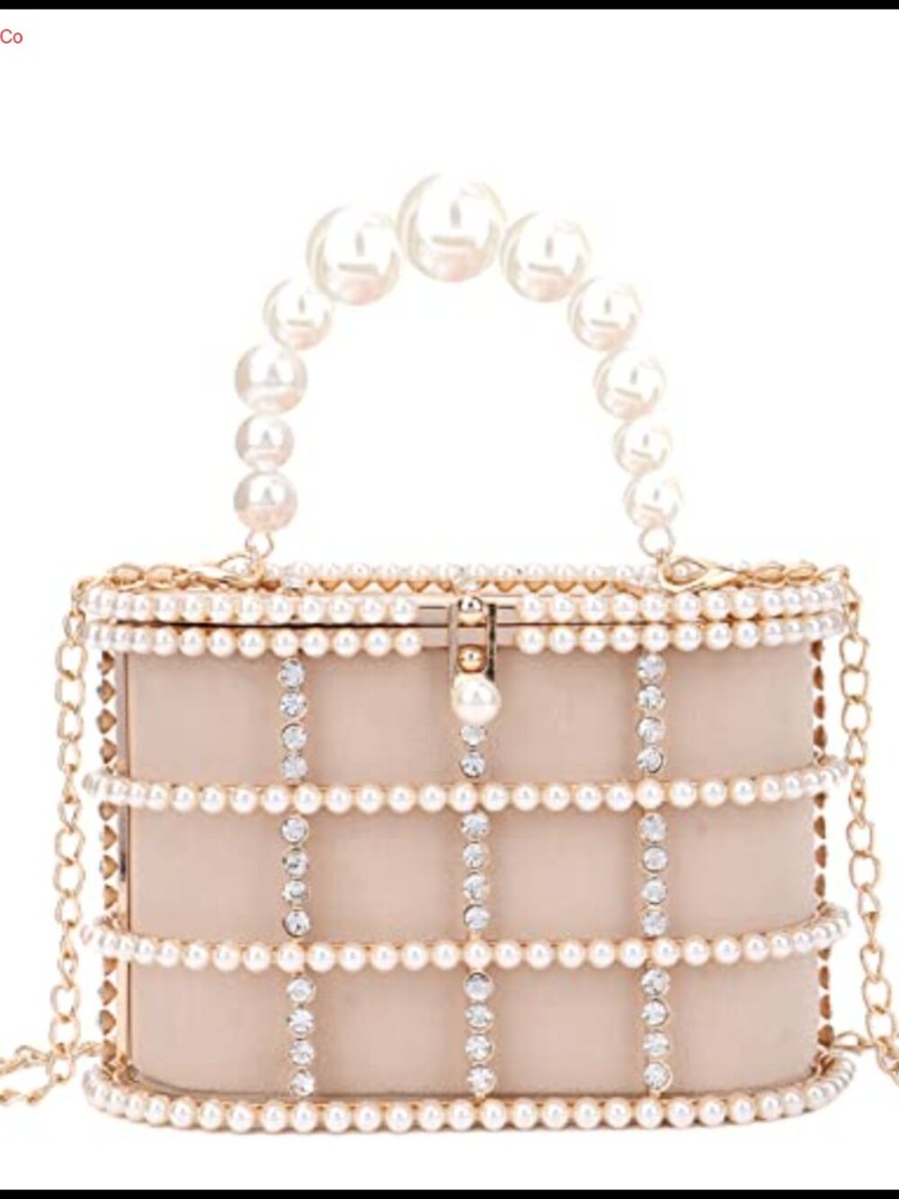 Hollow Metal Crystal Pearl Bucket Evening Clutch with Detachable Chain